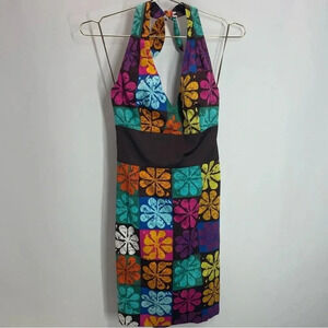 Trina Turk Retro Halter Style Brown Floral Mini Dress